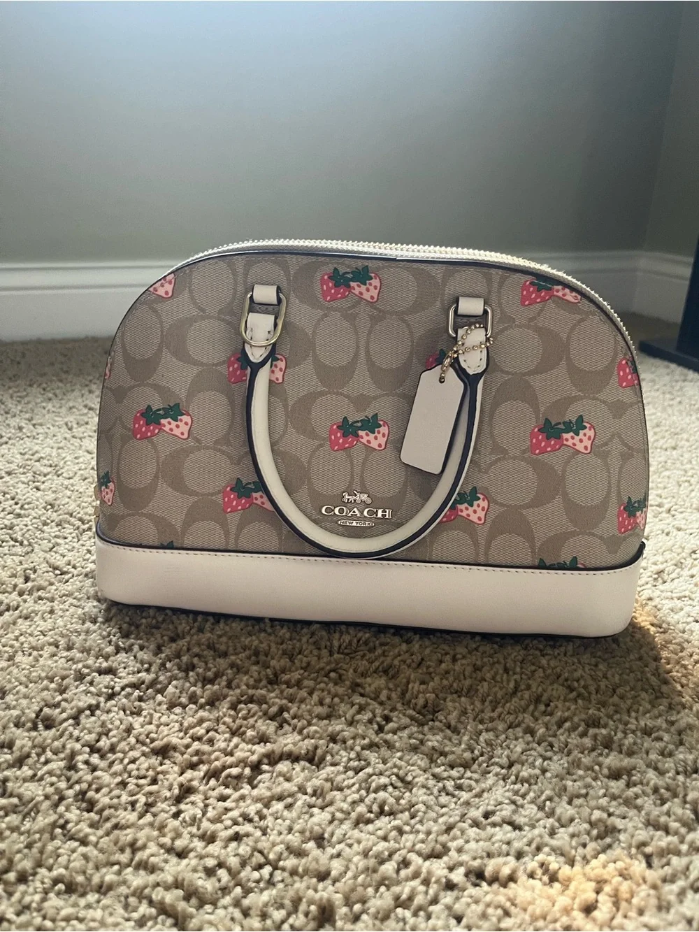 Coach Cream Signature Strawberry Mini Sierra Satchel with White Trim